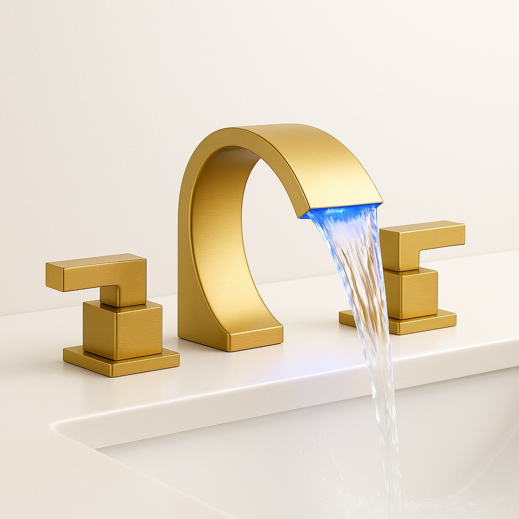 Gold finish LED mixer faucet installed on a three-hole sink deck with waterfall spout